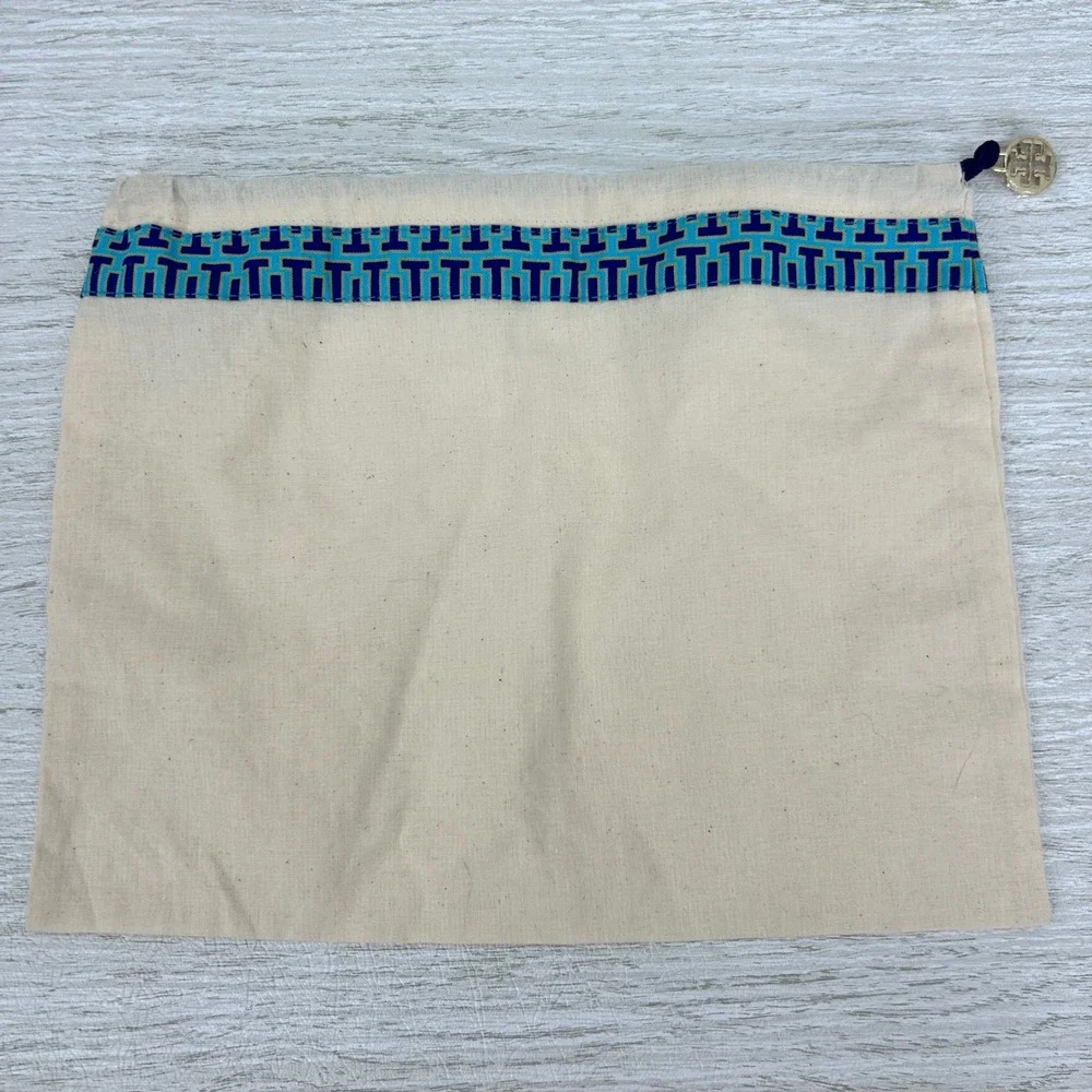 Tory Burch Cosmetic Pouch‎ Travel Bag Drawstring Logo Charm Canvas Beige Blue